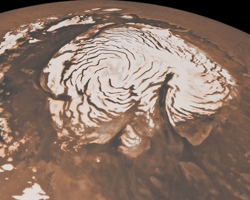 Calota de gelo do polo norte de Marte. Imagem: NASA/JPL-Caltech/MSSS.