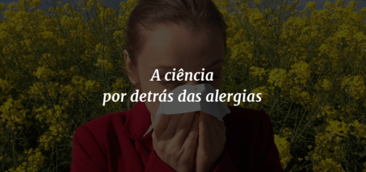 Imagem de capa com o título "A ciência por detrás das alergias" à frente e ao fundo uma mulher espirrando e flores amarelas ao redor.