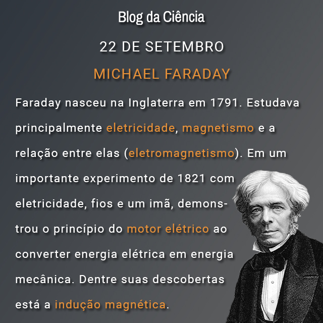 Faraday nasceu na Inglaterra em 1791. Estudava principalmente eletricidade, magnetismo e a relação entre elas (eletromagnetismo). Em um importante experimento de 1821 com eletricidade, fios e um imã, demonstrou o princípio do motor elétrico ao converter energia elétrica em energia mecânica. Dentre suas descobertas está a indução magnética.