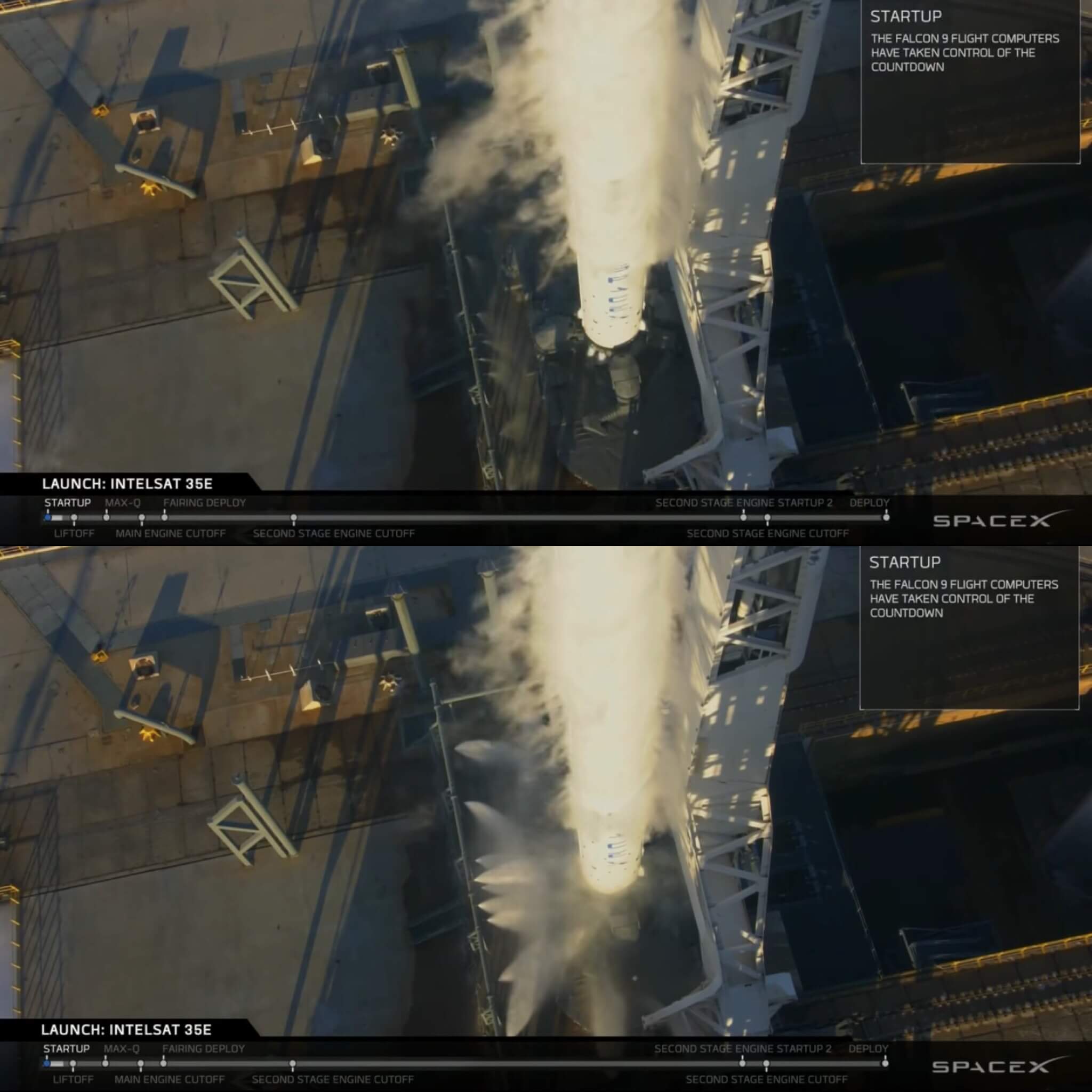 Duas imagens de um foguete Falcon 9, mostrando os jatos de água na base antes e depois de serem acionados.