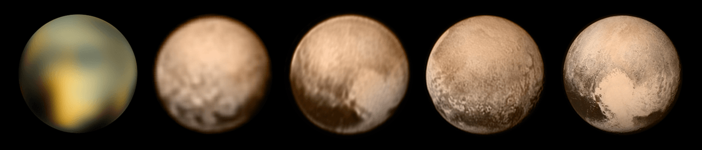 Montagem com cinco imagens de observações de Plutão em momentos distintos. Uma imagem da observação do telescópio Hubble e quatro imagens de observações da sonda New Horizons.